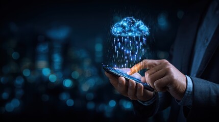 Poster - This image illustrates the connection between mobile devices and cloud technology, showcasing digital rain and a cloud symbolizing data transfer and modern connectivity in a sleek urban environment.