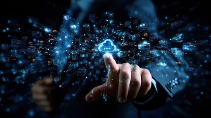 Aufkleber - A digital representation of cloud computing, showcasing data transfer, innovation, and technology interconnected through a fingertip touch.