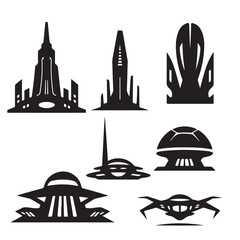Aufkleber - Seven black and white futuristic building and spaceship silhouette illustrations on white background