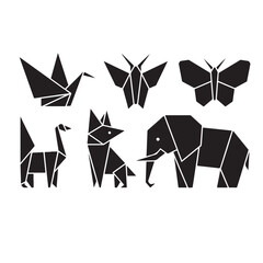 Aufkleber - Black origami animals and insects including a crane butterflies llama fox and elephant on white background
