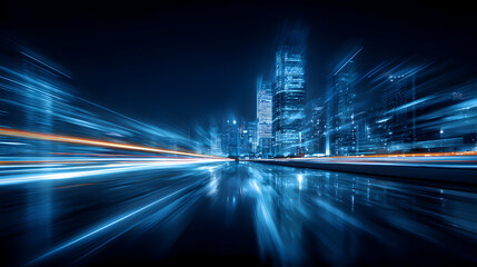 Wall Mural - 3d rendering of warp speed in hyper loop with blur light from buildings' lights in mega city at nigh