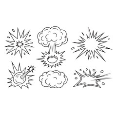 Poster - A collection of six hand drawn black and white comic style explosion and cloud graphics on a white background