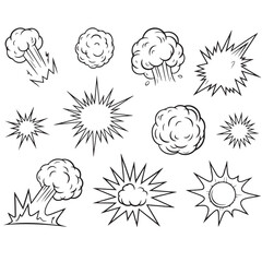 Aufkleber - A collection of cartoon explosion effects and cloud puffs in black and white line art style design elements