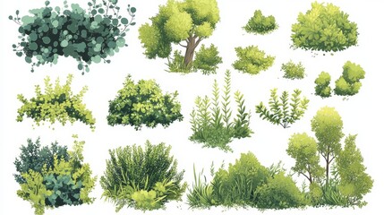 Fototapete - 104.A set of vector illustrations depicting various stylized bushes and shrubs in flat green tones, arranged neatly on a white background. The design is simple, modern, and eco-friendly, with a focus