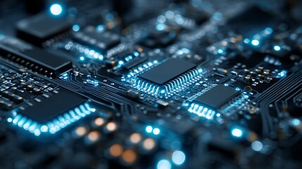 Poster - Circuit Board Technology: Close-Up View of Microchips, Electronic Components, and Processors.  Detailed Texture and Abstract Design for Tech Backgrounds and Presentations.
