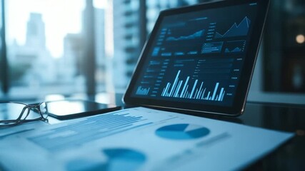 Poster - Modern business analysis on digital tablet with charts and graphs, finance workspace