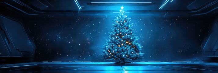 Wall Mural - blue glowing neon christmas tree in minimalist abstract design, elegant fir illustration with copy s