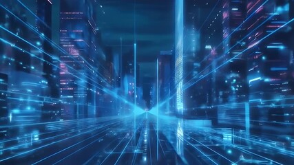 Poster - 青色抽象都市景観 未来技術のデジタルネットワーク接続とデータストリーム