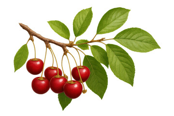 Fototapete - Ripe red cherries clustering on verdant branch, dangling against transparent backdrop, highlighting fresh summer produce for culinary design