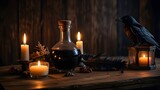 Mysterious alchemical setup with raven candles and potion on wooden table
