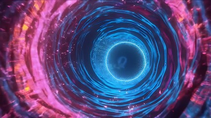 Poster - 未来的なデジタル トンネル 抽象的なピンクと青のライトが輝くサイバー空間
