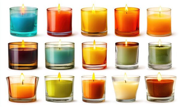 Variety of colorful candles in glass containers