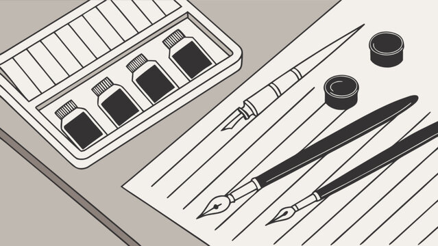 Illustration of calligraphy set with ink bottles and pens for artistic writing and drawing on paper art
