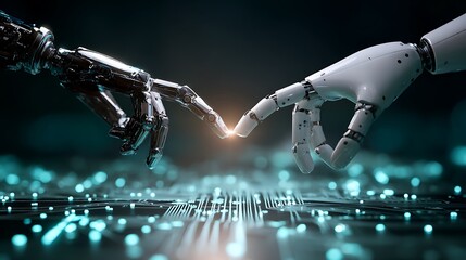 Poster - AI Collaboration: Robotic Hands Reaching, Future Technology Concept