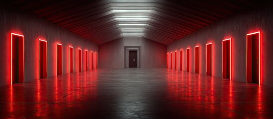 Red neon doors line a long hallway.
