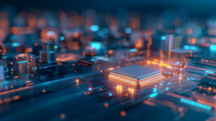 Aufkleber - Futuristic AI circuit board design with glowing blue and orange lights. Top-down camera angle resembling a sci-fi video game interface. 79053461 1