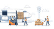 © Thabo - Aircraft cargo loading and unloading operations at the airport tarmac with forklifts and ground crew workers handling packages