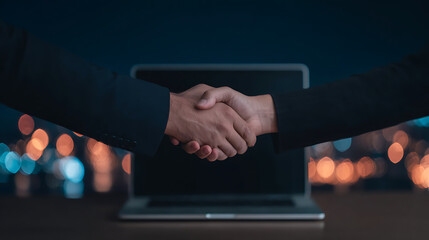 Aufkleber - Business handshake over laptop with digital glowing lines technology futuristic business. 74937288 1