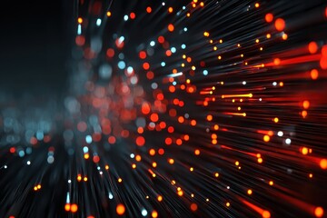 Poster - Fiber optic cables transmit data with red, white, and blue light points. It represents technology, data streams, or fast communication networks.