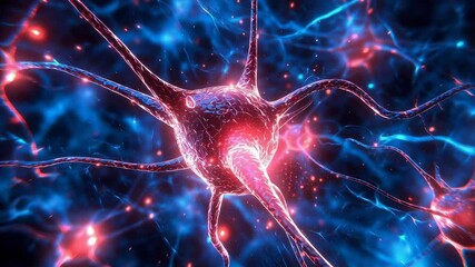 Aufkleber - A close up of a brain with many neurons. The neurons are blue and red. The image conveys the complexity and intricacy of the brain
