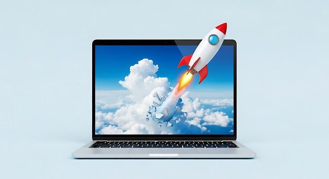 A laptop displays a rocket launching from a cloud-filled sky, symbolizing growth.