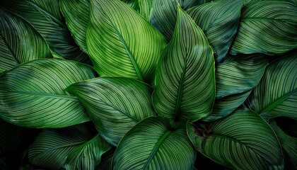 Close-up of Spathiphyllum cannifolium leaves with rich green tones and layered textures, forming an abstract tropical background.