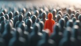 A lone figure in a bright red hoodie stands out among a crowd of dark silhouettes, symbolizing individuality and the search for identity in a conformist world.