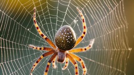 Orb weaver spider rests in intricate web with natural background
