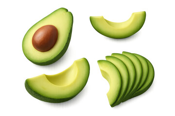 Poster - Ripe avocado cut in half, quarter, slice and slices isolated on transparent background, ready to be used in any recipe
