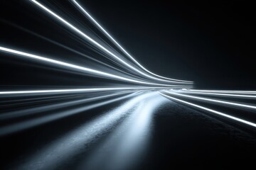 Poster - Bright, curved white lines stream across a dark, reflective surface. Great background for concepts such as speed, technology or the future.