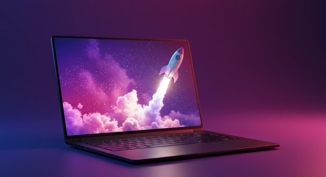 Innovative Laptop Display Showcasing a Rocket Launching into a Starry Nebula Sky Against a Purple and Pink Gradient Background