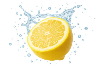 Poster - Lemon half splashing, creating vibrant water droplets against transparent backdrop, highlighting citrusy freshness for beverage marketing