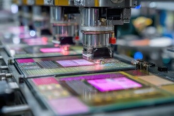 Poster - Automated machinery picks components for circuit boards in a clean factory. Illustrates technology, manufacturing, and the modern digital age.