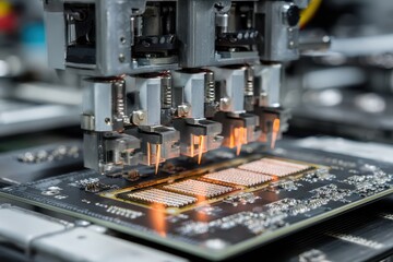 Aufkleber - Automated machine soldering a circuit board in a close-up shot. Ideal for illustrating hi-tech manufacturing, engineering, or robotics.
