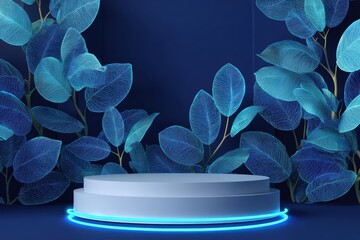 Poster - Two-tiered white podium stands with blue neon ring, foliage backdrop. A stylish backdrop for product promos, beauty presentations, or art displays.