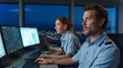 Poster - Air traffic controllers monitor flight movements at night in a control tower