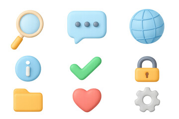 Poster - Colorful 3d icons set: magnifying glass, chat bubble, globe, and more
