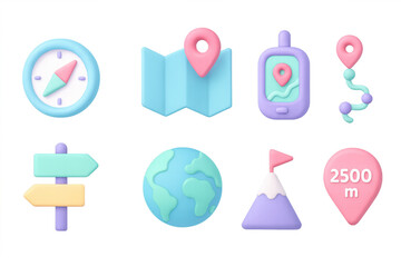 Poster - Colorful 3d navigation icons with travel and location symbols