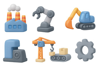 Poster - Colorful 3d industrial icons featuring construction and machinery elements