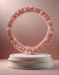Poster - Stage podium display pearl shiny round sphere circle 3d floating shimmering glimmer glam glamorous glow twinkle sparkle treasure luxury baby pale pink. Space for placing products. 3D illustration.