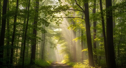  Lush Green Jungle Path with Sunlight Streaming Through the Canopy

