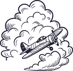 Aufkleber - cartoon yacht on the sea vector illustration with clouds, airplane, and fish in the water, a perfect