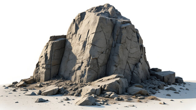 A large gray rock formation with rough texture, isolated on transparent background