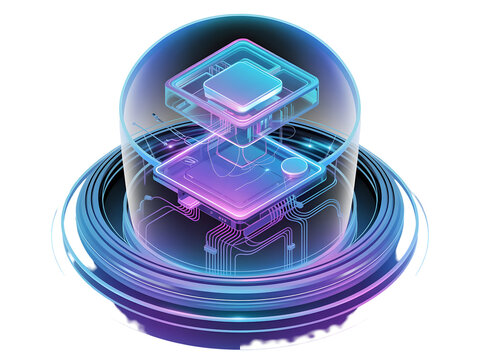 Futuristic Neon Hologram Circuit Board Encased in a Transparent Dome on a Glowing Purple and Blue Platform isolated on a transparent background