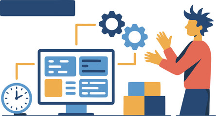 Man Analyzing Computer Data with Gears, Clock, and Boxes in a Illustration