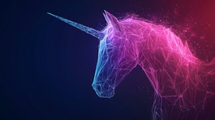 Aufkleber - Abstract polygonal unicorn head, glowing neon colors on dark background.