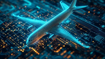Fototapete - Futuristic airplane model on a circuit board, symbolizing air travel technology and innovation.