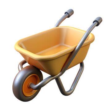 An isolated, 3D rendered wheelbarrow with a bright yellow container and gray frame stands ready for gardening, construction, or farm work, set against a clean transparent background.