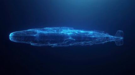 Fototapete - Abstract digital rendering of a submarine, glowing blue lines forming its shape against a dark blue background.