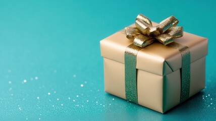 Poster - Silver gift box tied golden blue ribbon, resting on shimmering with surface, radiating holiday celebration